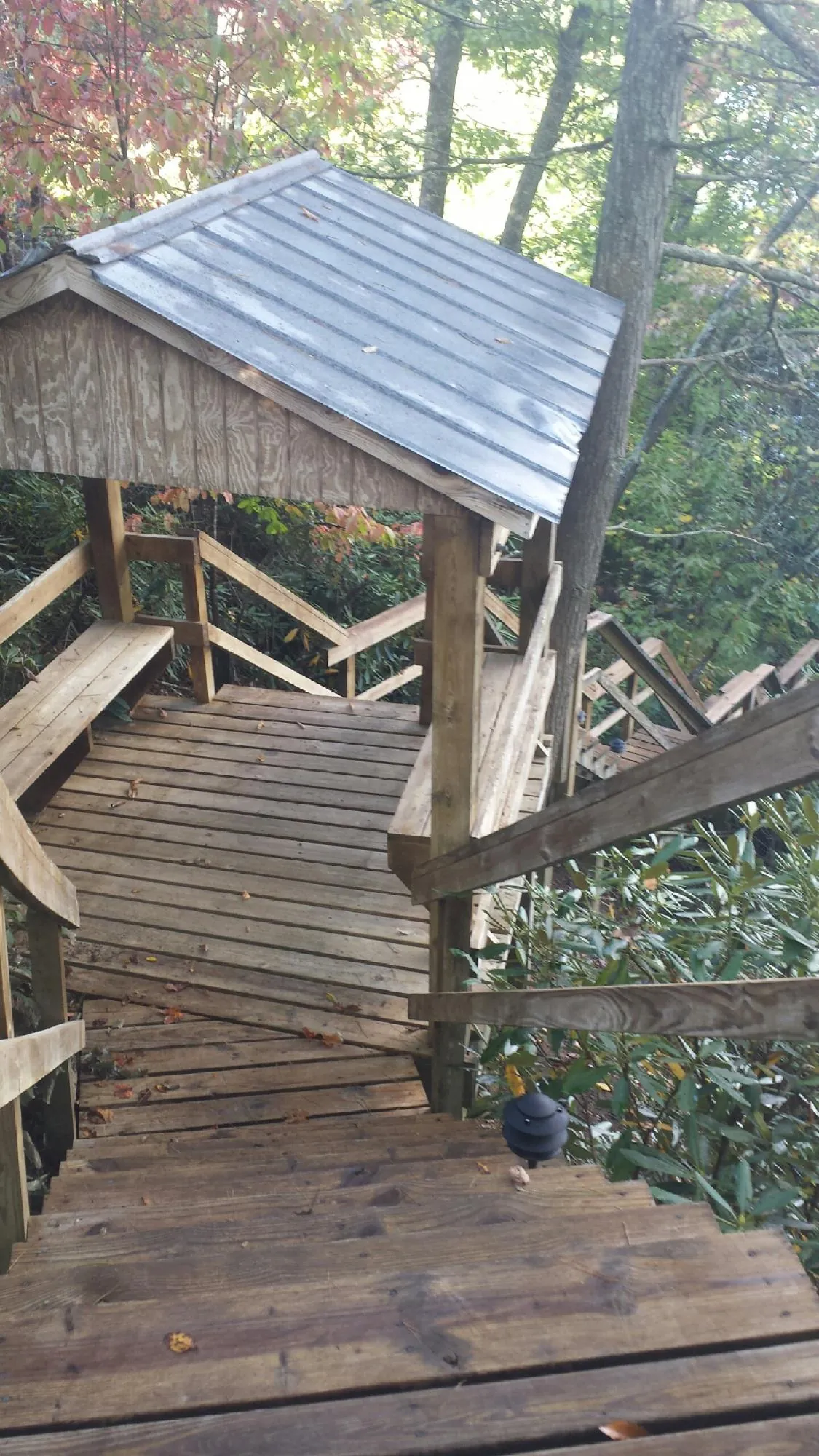 Metal roofed shelter over wooden steps on a wooded walkway — Skylight Repair & Installation work by our crew in Homeland